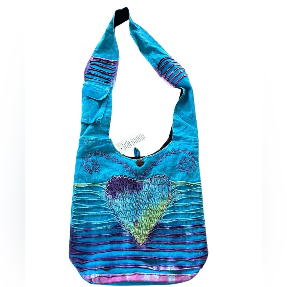Kathmandu Imports Boho Hippie Crossbody Turquoise Tie-Dye with Heart Motif
